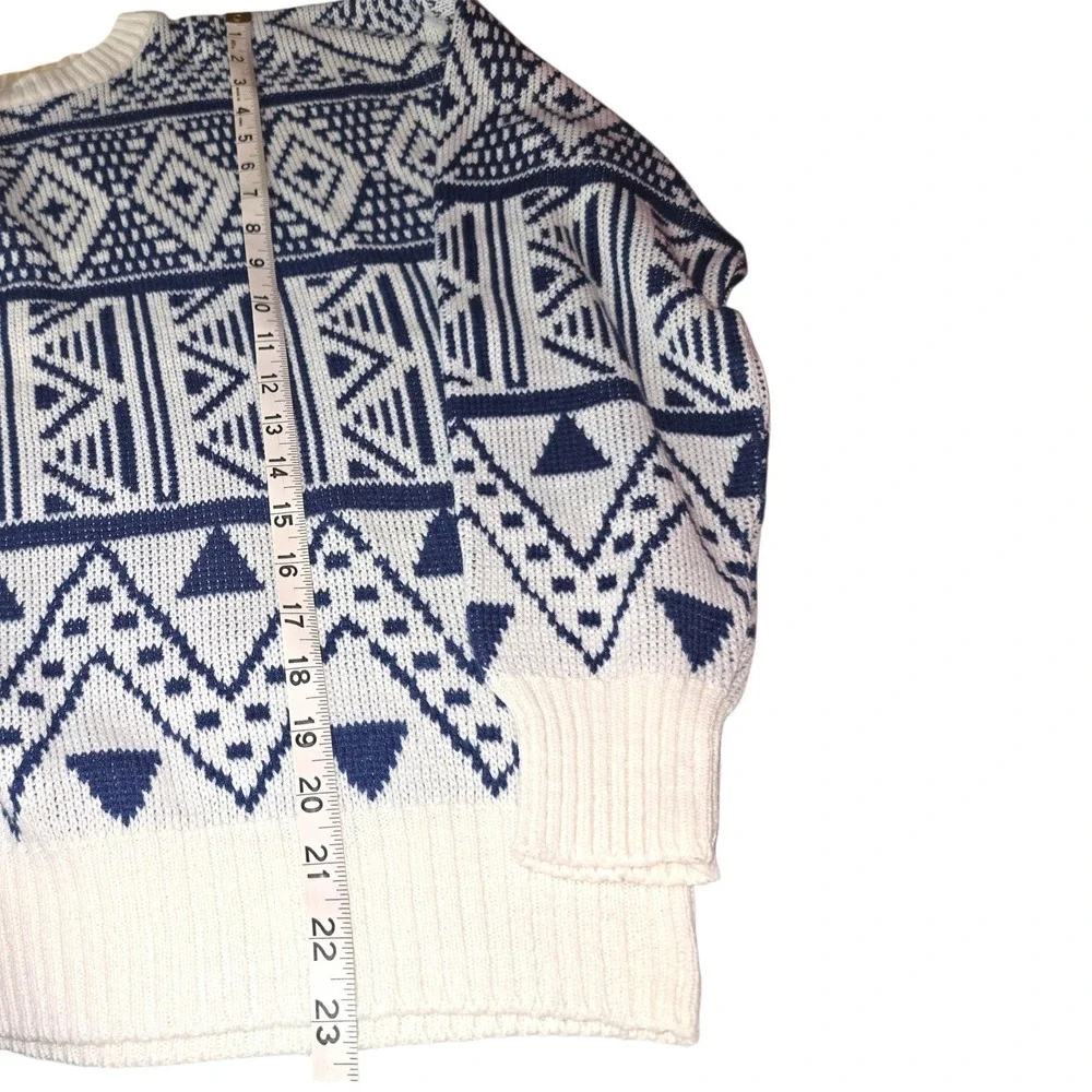 Vintage Anthonys Crew Neck Sweater‎ White Blue Geometric Aztec Print Medium